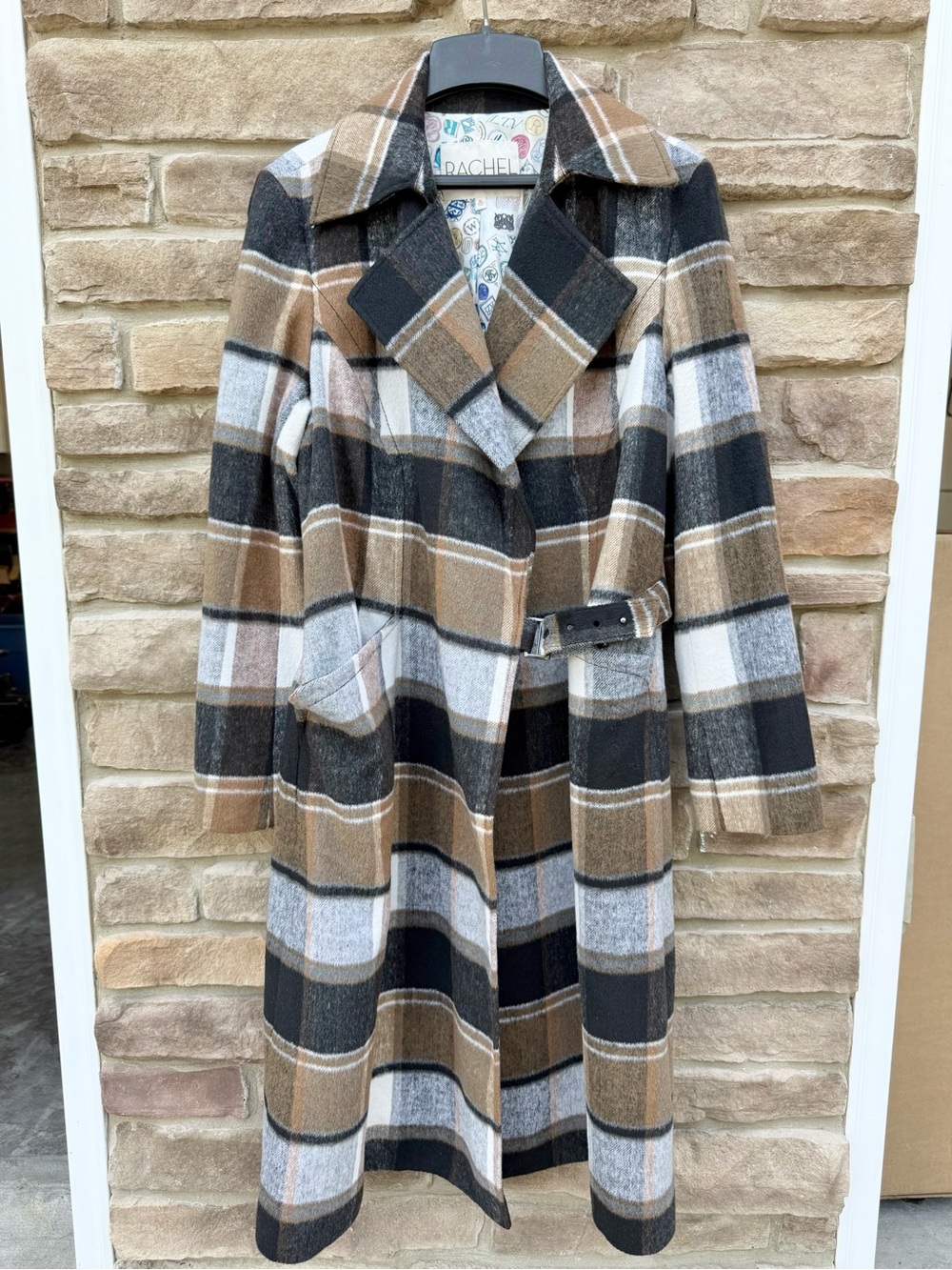 Rachel Roy Plaid Belted Long Coat Wool Blend | XL
